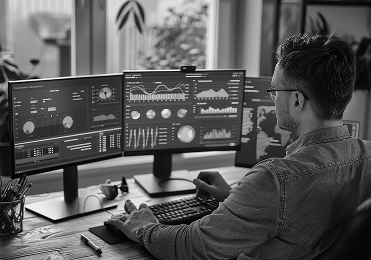 Operatore logistico osserva dashboard AI con dati di tracking predittivo e soddisfazione cliente