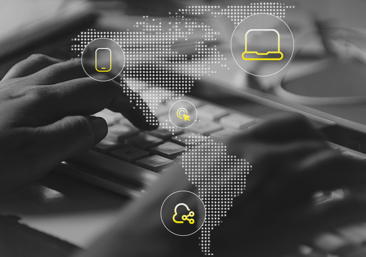 Mapa de Latinoamérica con íconos de tecnología emergente y experiencia de cliente