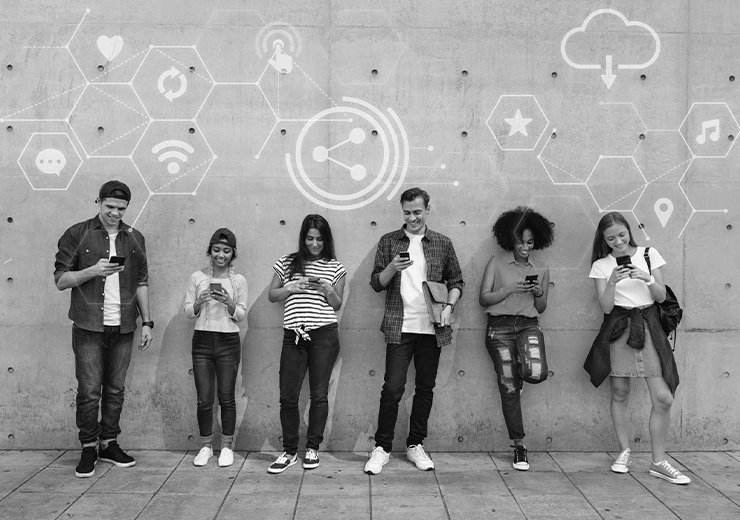 Data-driven customer journey analytics illustration showing connected customer touchpoints across channels